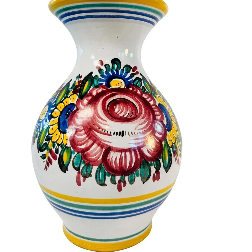 Artisan Signed Hand Painted Vase Roses Sunflower Spring Red Yellow Blue ‎ 7